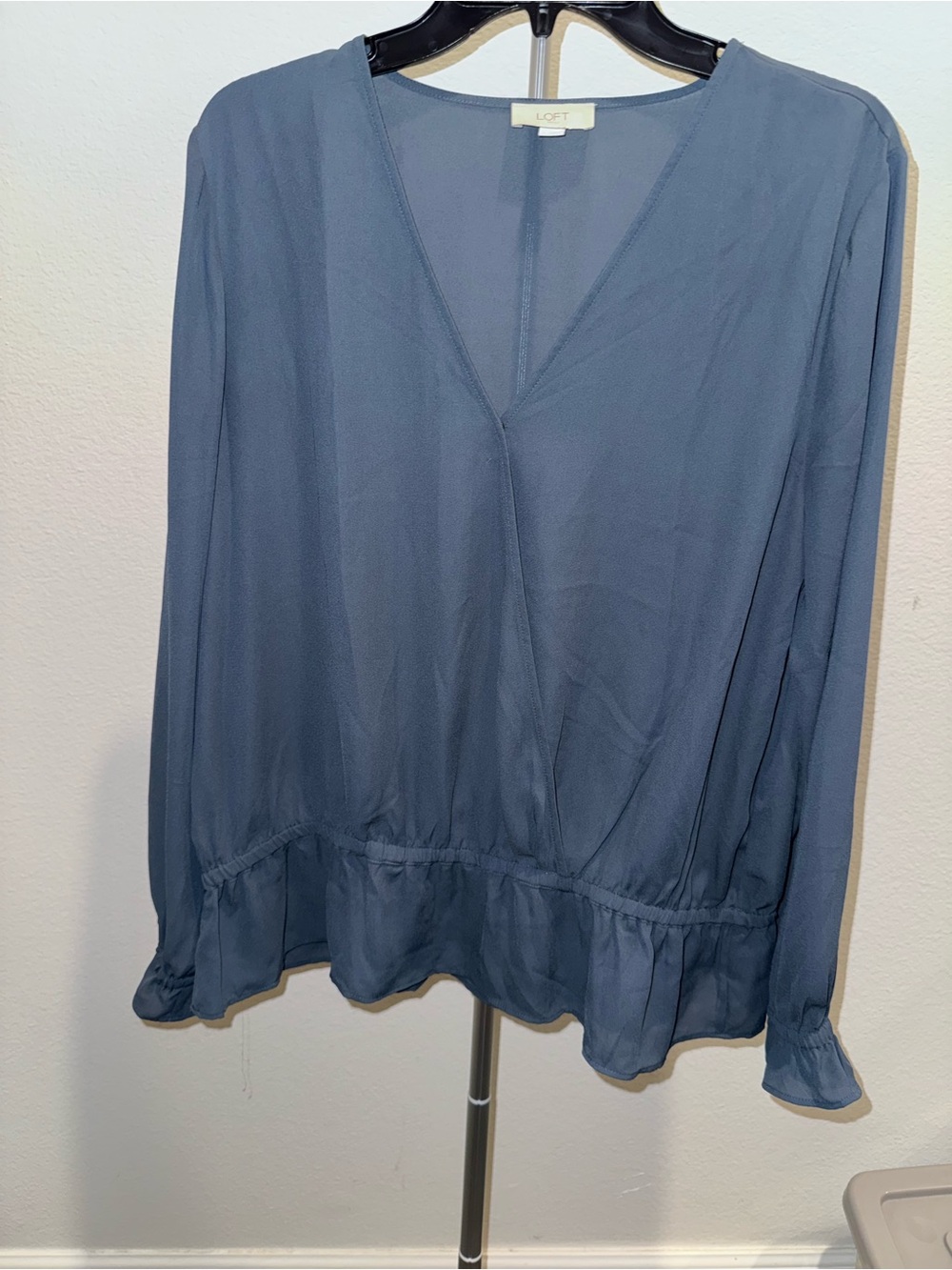 LOFT Slate Blue Ruffle-Hem V-Neck Blouse Quiet Luxury Boho Classic Fairy